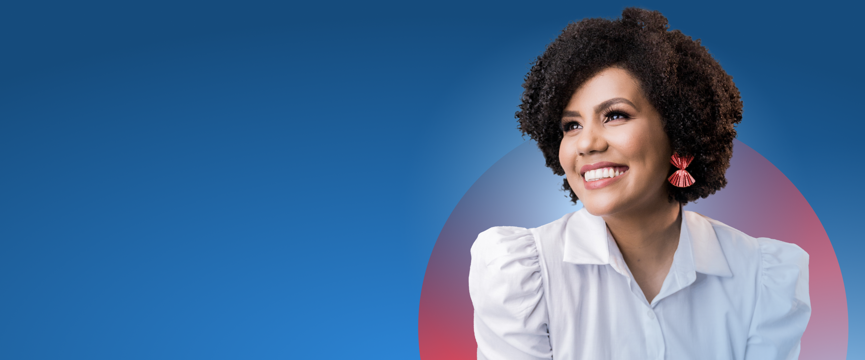 Blue tint frame hero image with a well dressed woman smiling and looking to the left